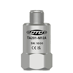 A stainless steel, standard size, M12 top exit vibration instrument engraved with the CTC Line logo, part number, serial number, and CE and UKCA certification markings.